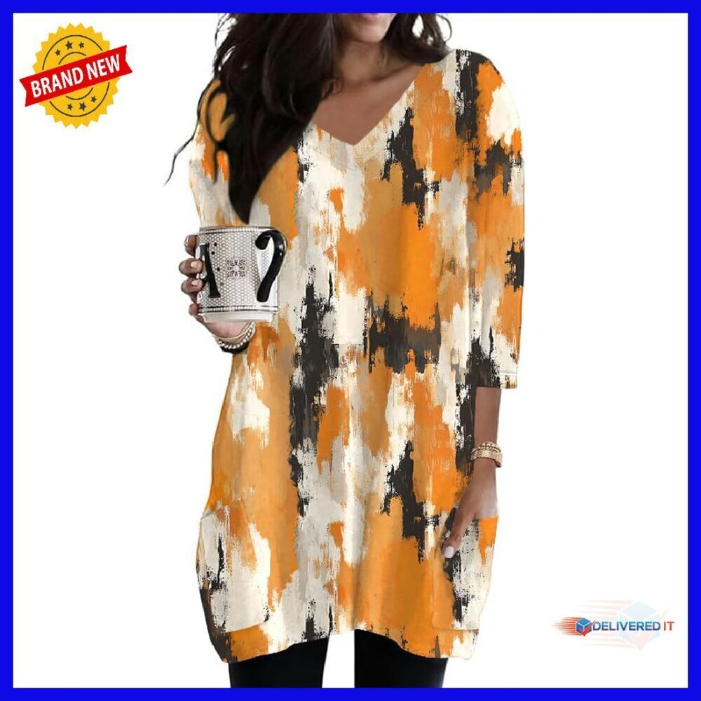 Women's V-Neck Tunic Top with Pockets 3/4 Sleeve Casual Shirt S-3XL